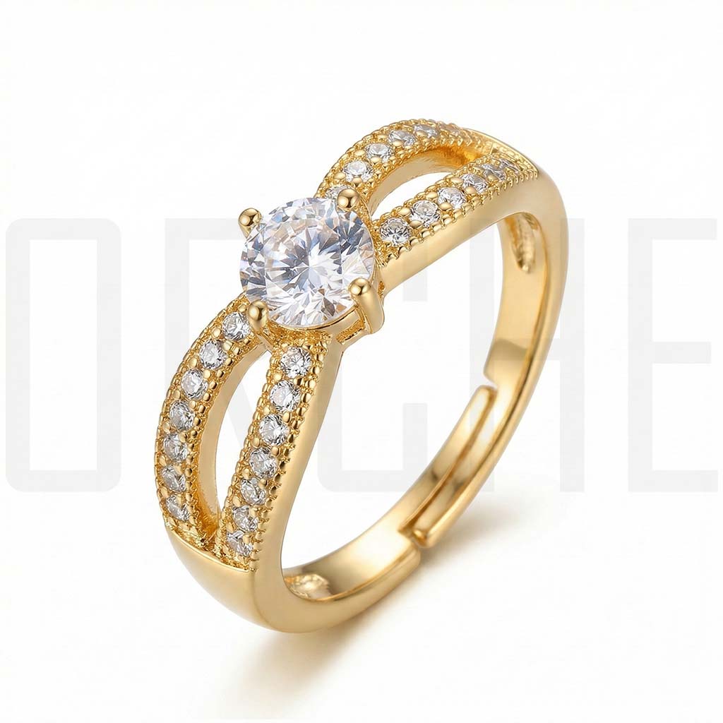 Luxury Adjustable Gold-Tone Promise Ring for Women | Round Cut Simulated Diamond Split-Shank Ring | Adjustable Size