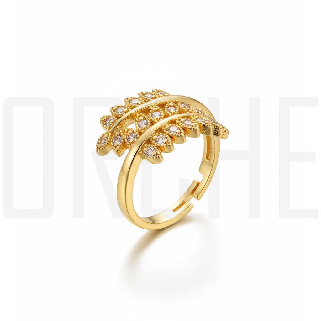 Luxury Gold-Tone Leaf Ring with Sparkling Crystal Accents – Adjustable Open Band Statement Jewelry for Women | Nature-Inspired Design | Adjustable Size