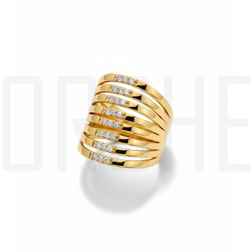 Luxury Multi-Row Gold Statement Ring | Adjustable Wide Band with Sparkling Cubic Zirconia Accents | High-Polish Fashion Jewelry for Women | Adjustable Size