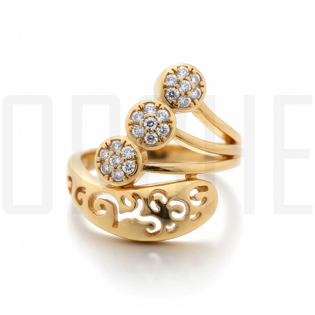 Luxury Adjustable Gold-Tone Statement Ring | Triple Crystal Cluster & Intricate Filigree Scrollwork | Elegant Fashion Jewelry for Women | Adjustable Size