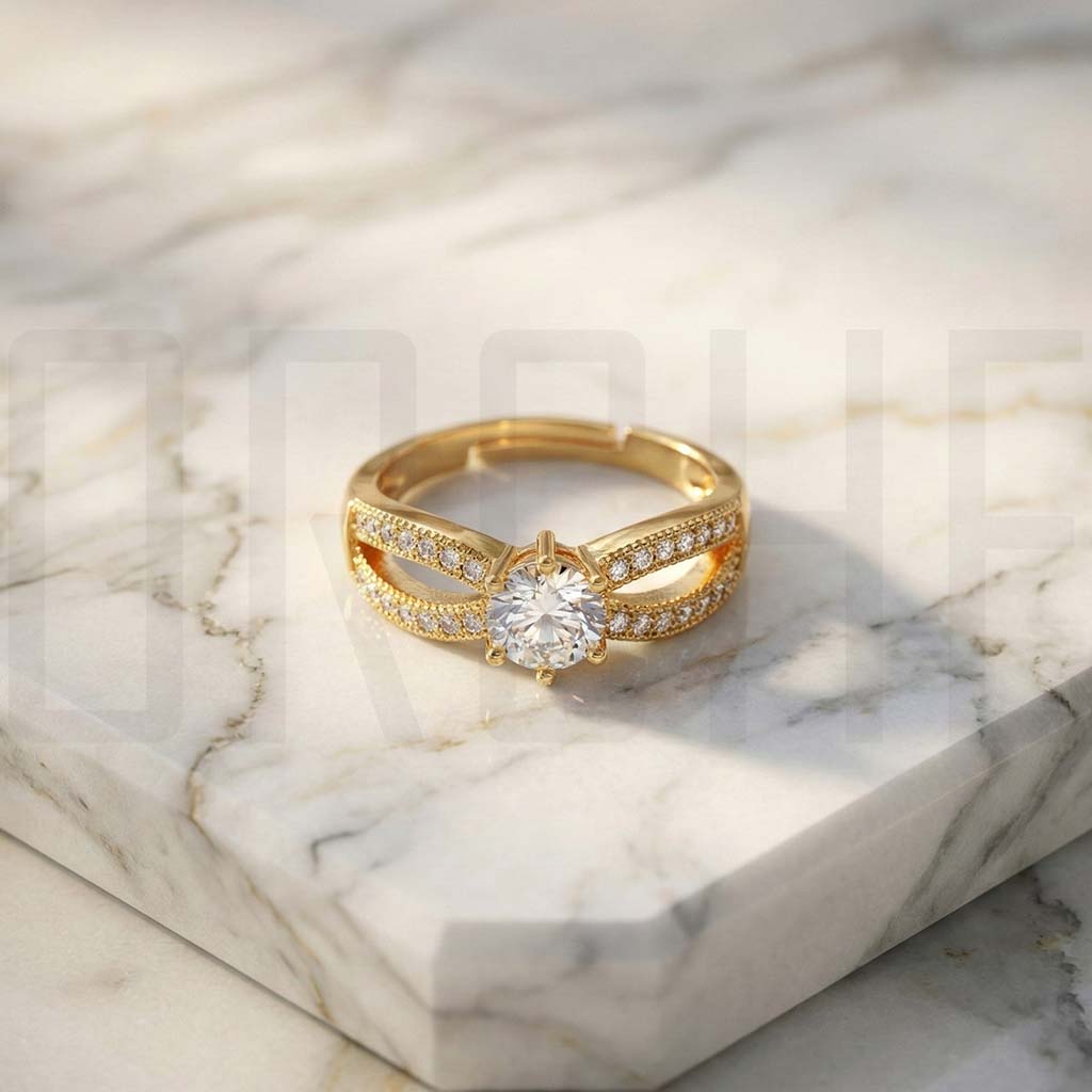 Luxury Adjustable Gold-Tone Promise Ring for Women | Round Cut Simulated Diamond Split-Shank Ring | Adjustable Size