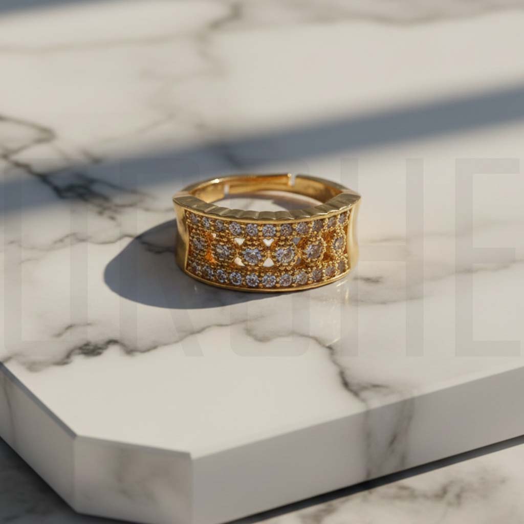 Luxury Gold-Tone Statement Ring – Adjustable Open Cuff Design with Sparkling Cubic Zirconia | Affordable Fashion Jewelry Gift | Adjustable Size