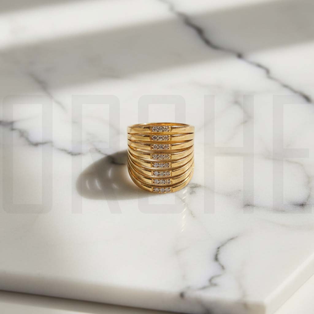 Luxury Multi-Row Gold Statement Ring | Adjustable Wide Band with Sparkling Cubic Zirconia Accents | High-Polish Fashion Jewelry for Women | Adjustable Size