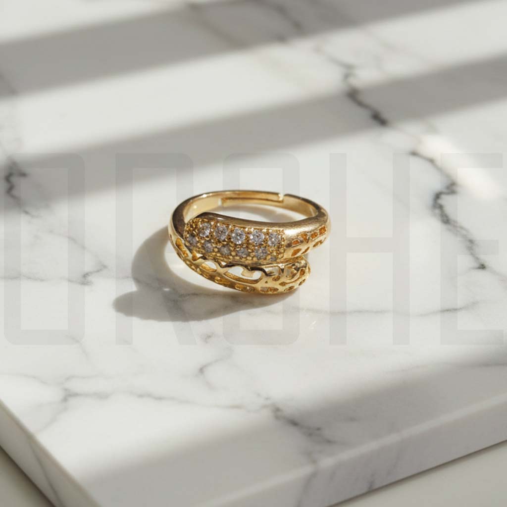 Adjustable Gold-Tone Statement Ring – Imitation Diamond & Filigree Design | Elegant Fashion Jewelry | Adjustable Size