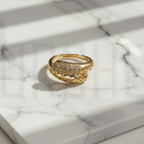 Adjustable Gold-Tone Statement Ring – Imitation Diamond & Filigree Design | Elegant Fashion Jewelry | Adjustable Size
