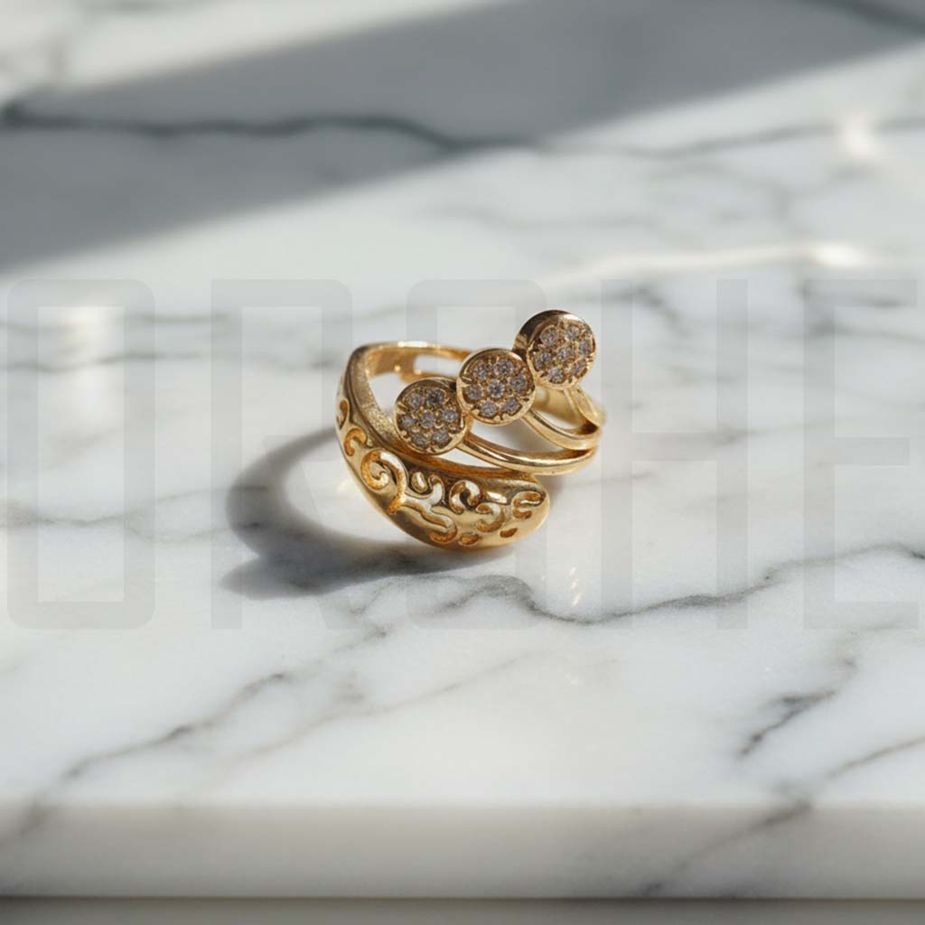 Luxury Adjustable Gold-Tone Statement Ring | Triple Crystal Cluster & Intricate Filigree Scrollwork | Elegant Fashion Jewelry for Women | Adjustable Size