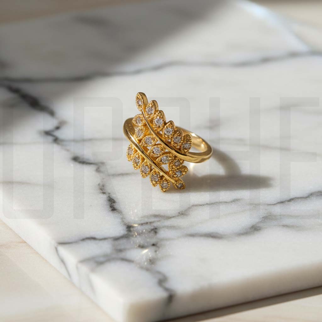 Luxury Gold-Tone Leaf Ring with Sparkling Crystal Accents – Adjustable Open Band Statement Jewelry for Women | Nature-Inspired Design | Adjustable Size