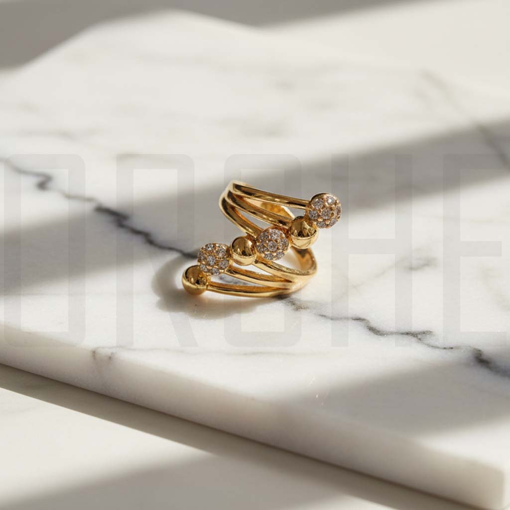 Gold Tone Multi-Layer Sphere Statement Ring | Adjustable Pave Crystal Open Ring for Women | Luxury Look Fashion Jewelry | Adjustable Size