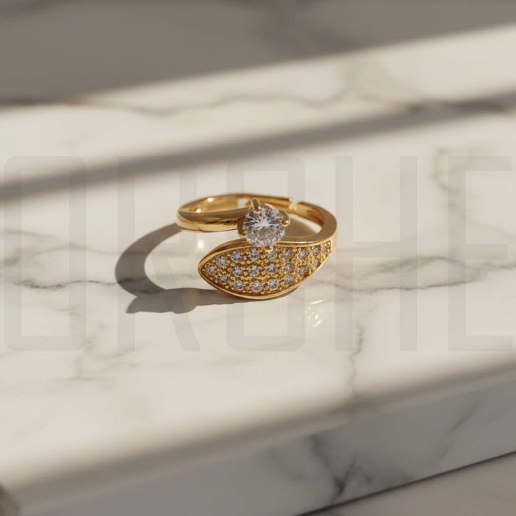 Luxury Gold-Tone Adjustable Ring for Women – Sparkling Cubic Zirconia Bypass Design | Elegant Fashion Jewelry & Promise Ring Gift | Adjustable Size