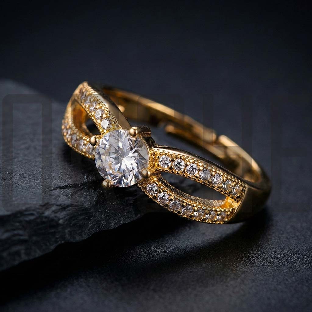 Luxury Adjustable Gold-Tone Promise Ring for Women | Round Cut Simulated Diamond Split-Shank Ring | Adjustable Size