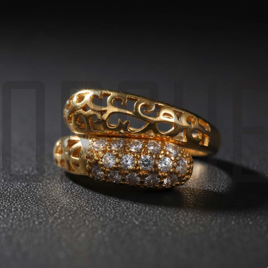 Adjustable Gold-Tone Statement Ring – Imitation Diamond & Filigree Design | Elegant Fashion Jewelry | Adjustable Size