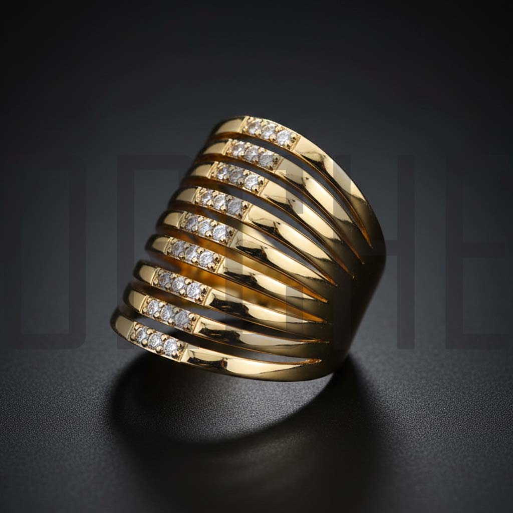 Luxury Multi-Row Gold Statement Ring | Adjustable Wide Band with Sparkling Cubic Zirconia Accents | High-Polish Fashion Jewelry for Women | Adjustable Size