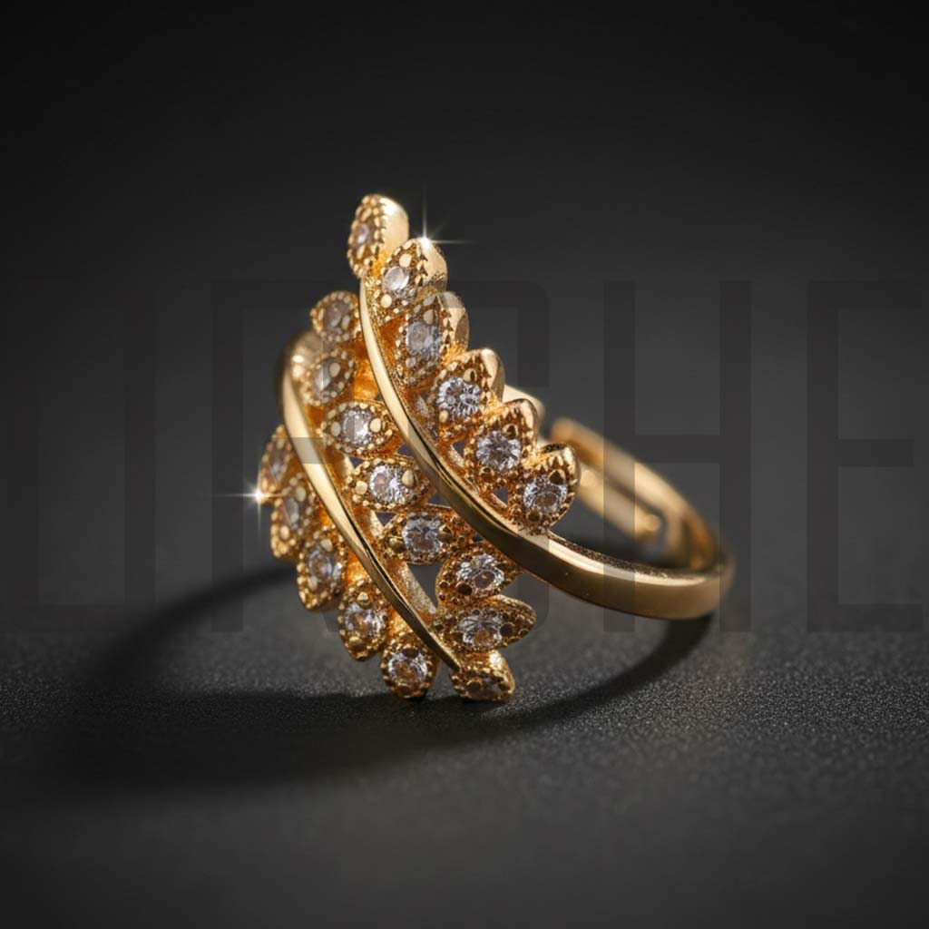 Luxury Gold-Tone Leaf Ring with Sparkling Crystal Accents – Adjustable Open Band Statement Jewelry for Women | Nature-Inspired Design | Adjustable Size