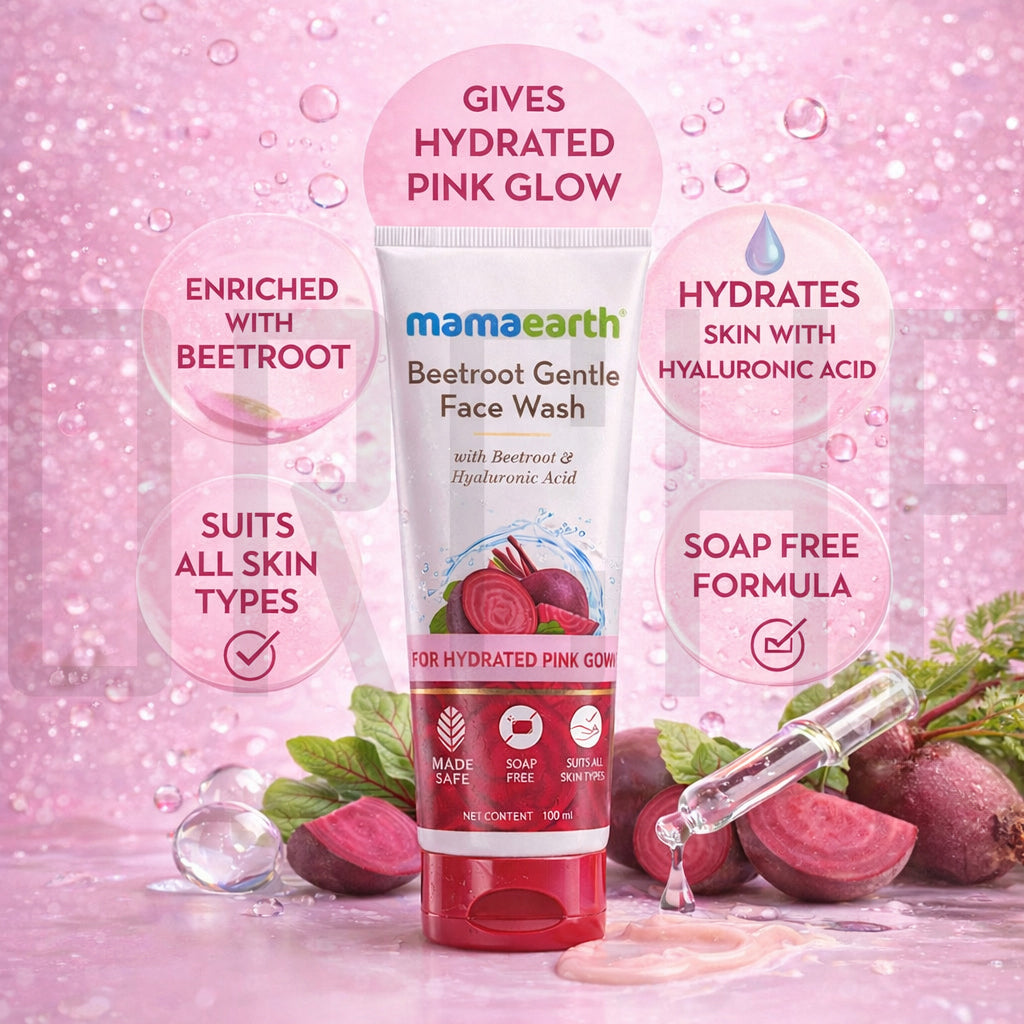 Mamaearth Beetroot Gentle Face Wash – Hydrated Pink Glow | Beetroot + Hyaluronic Acid | Soap-Free Cleanser