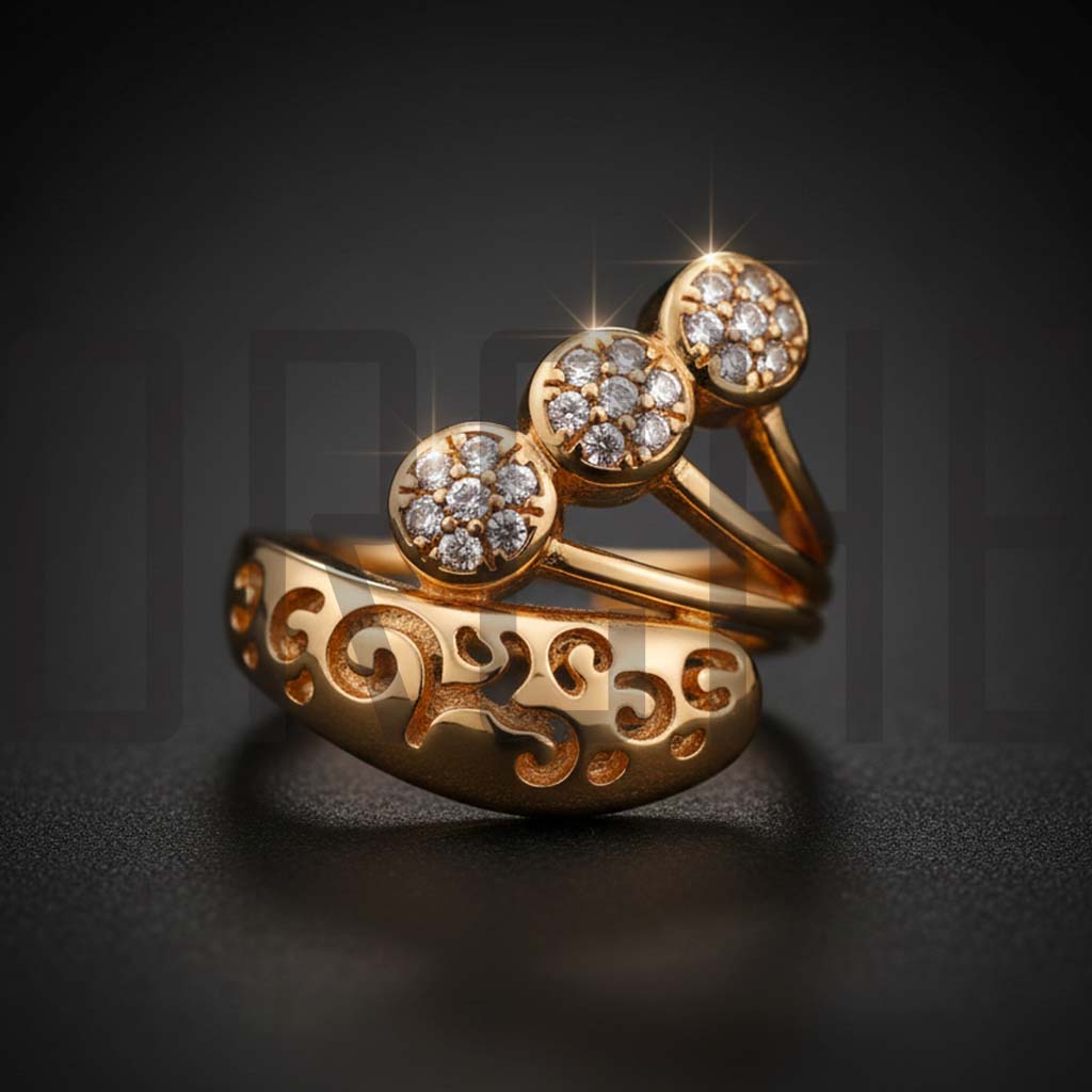 Luxury Adjustable Gold-Tone Statement Ring | Triple Crystal Cluster & Intricate Filigree Scrollwork | Elegant Fashion Jewelry for Women | Adjustable Size
